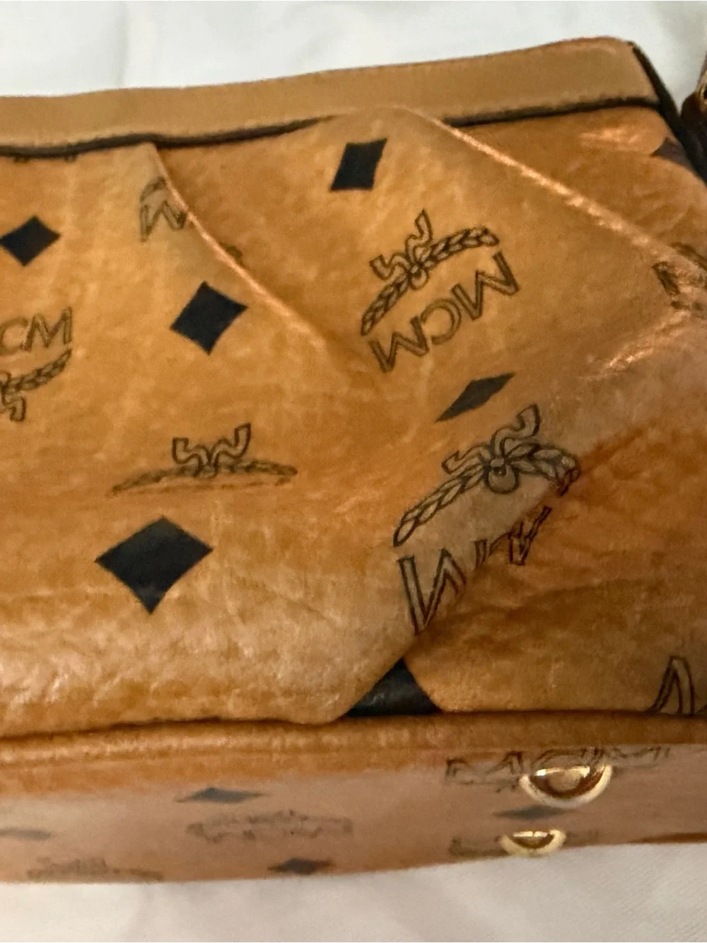 MCM Cognac Logo Print Shoulder Bag with Gold Plate